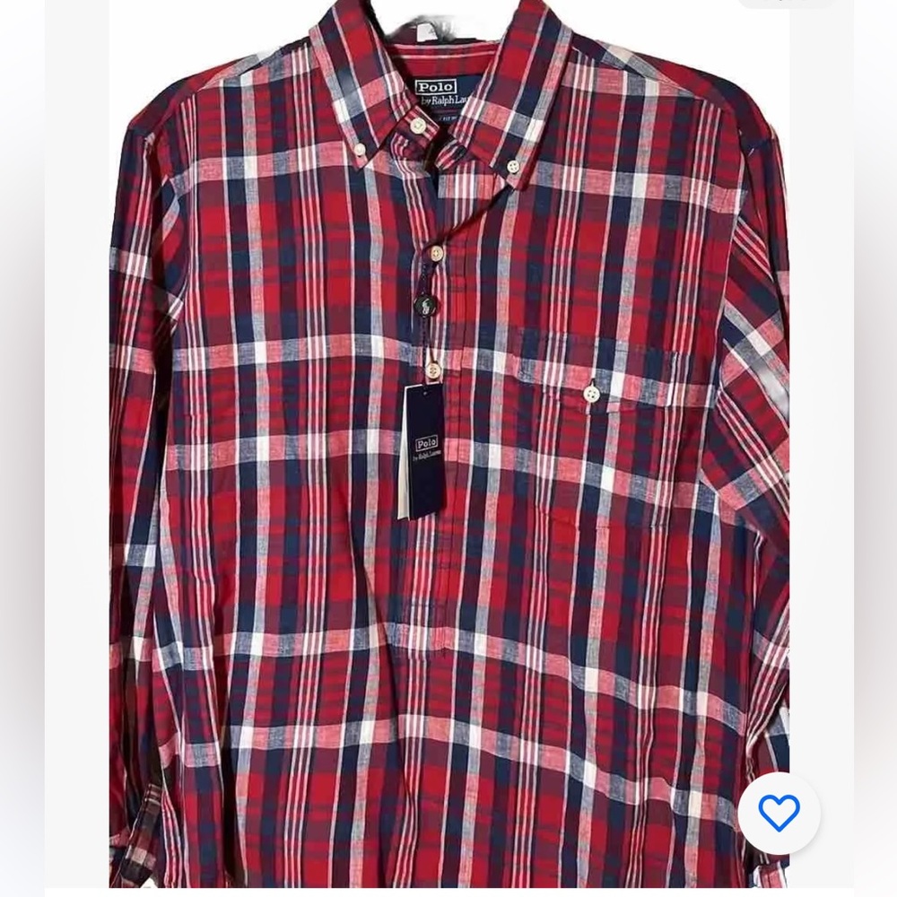 NWT Polo Indigo Authentic Indian Madras Half Button Pullover LS w Pocket Size S - Picture 3 of 7